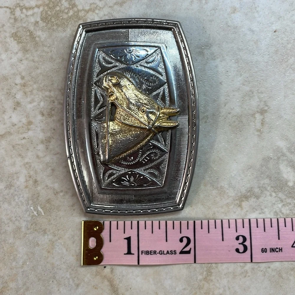 Western Belt Buckle Horse Head Cowboy Girl Gold Accent Silver Tone Rodeo